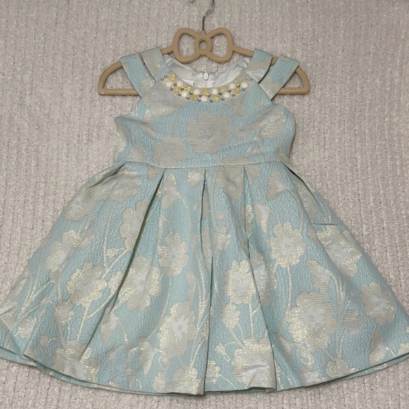 Bonnie Jean Toddler Girls Aqua Floral Jacquard Dress with Pearl Accents - Picture 8 of 12
